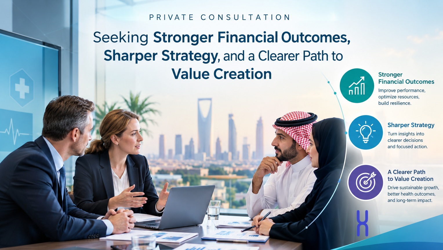 Healthcare consulting team in a private consultation discussing financial outcomes and strategy