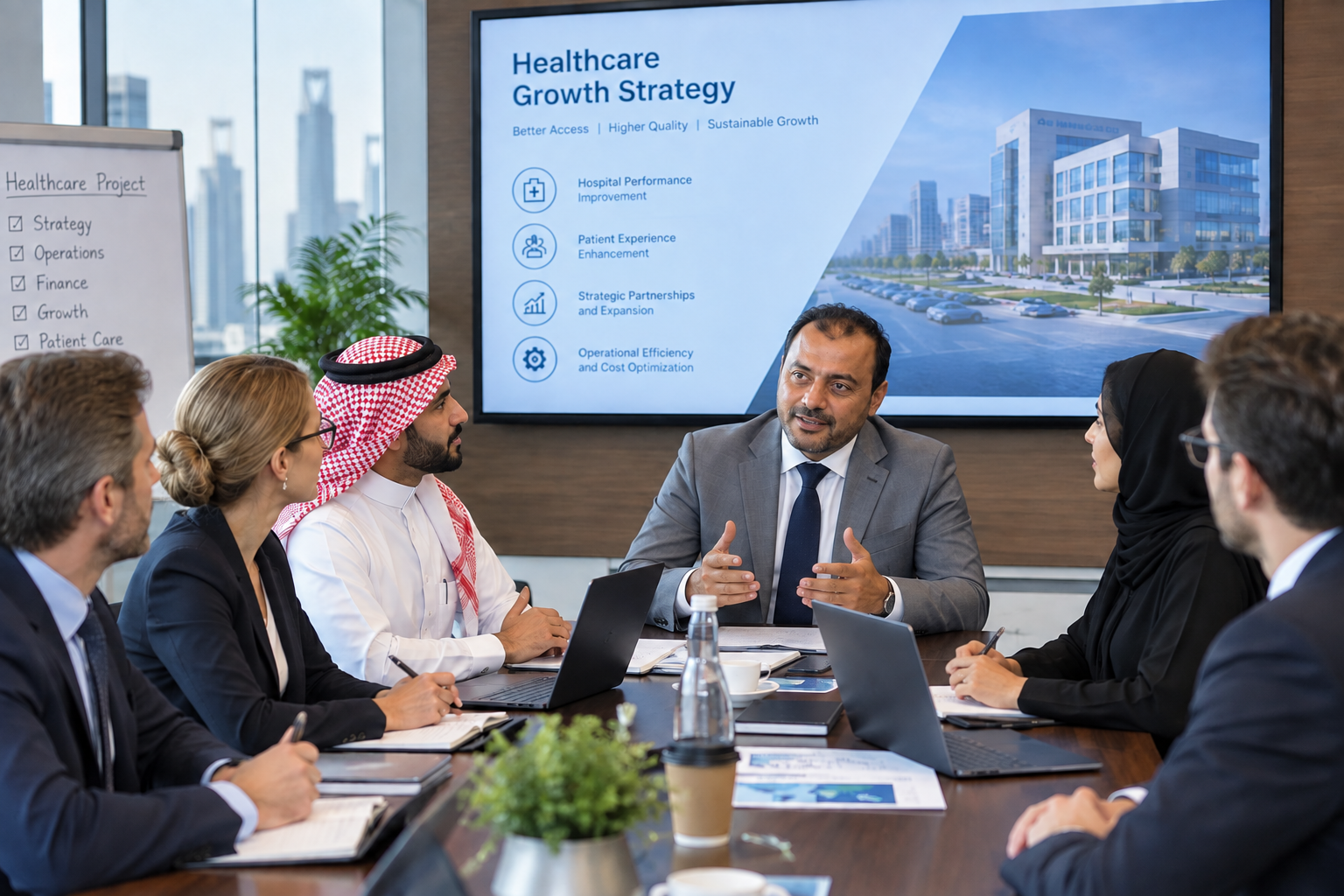 Healthcare strategy meeting with consulting team reviewing growth priorities