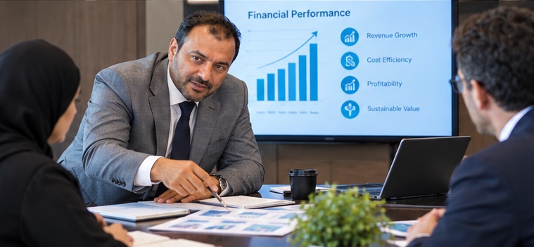 Healthcare consulting team reviewing financial performance data in a business meeting