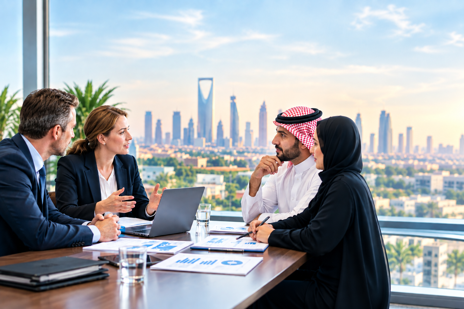 Healthcare consulting professionals meeting around a conference table in Riyadh