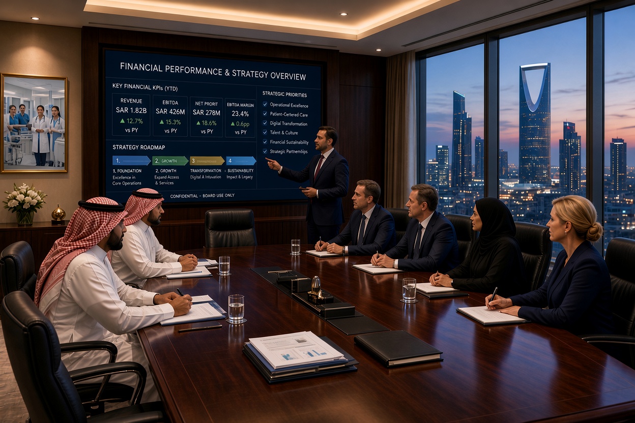 Healthcare consulting executives reviewing financial performance and strategy in a boardroom