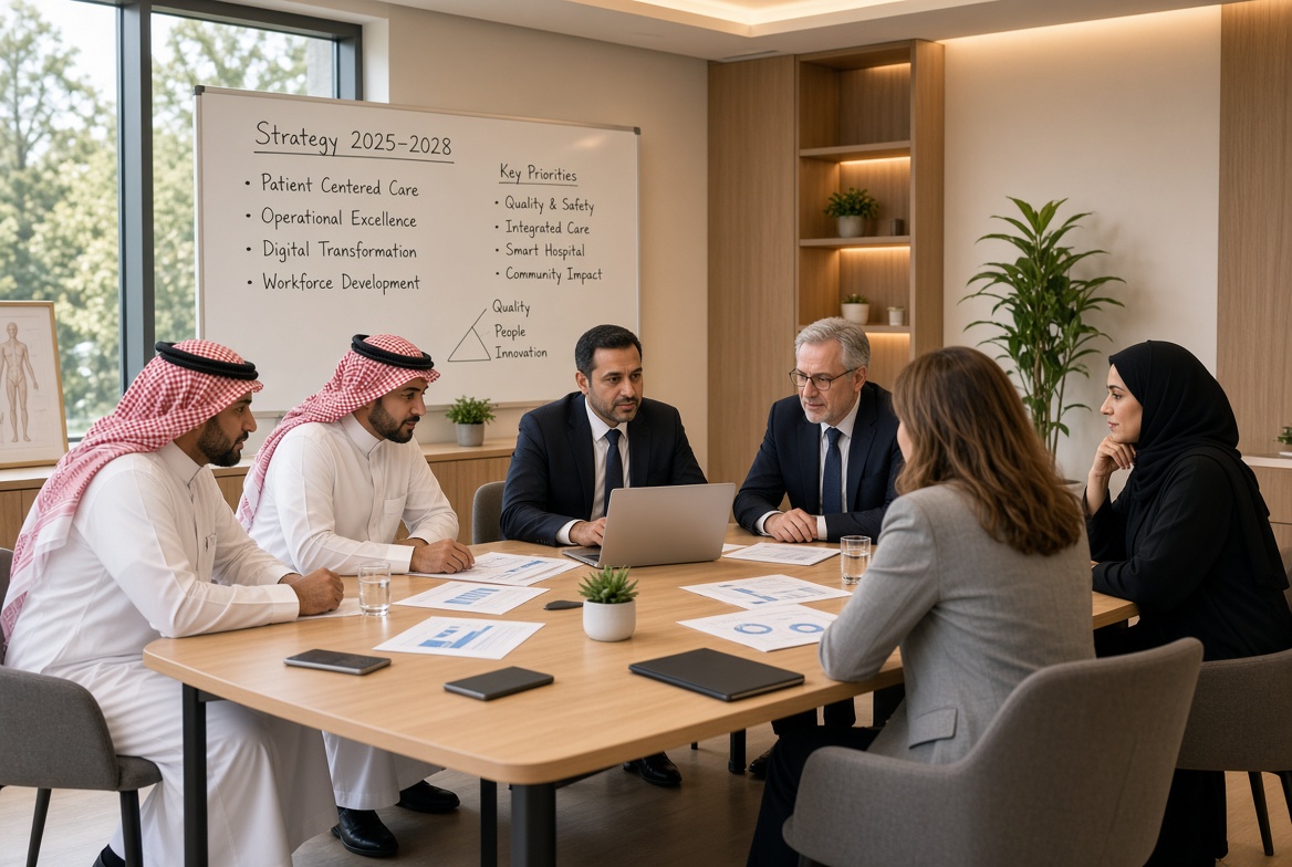 Healthcare consulting team in a boardroom strategy meeting