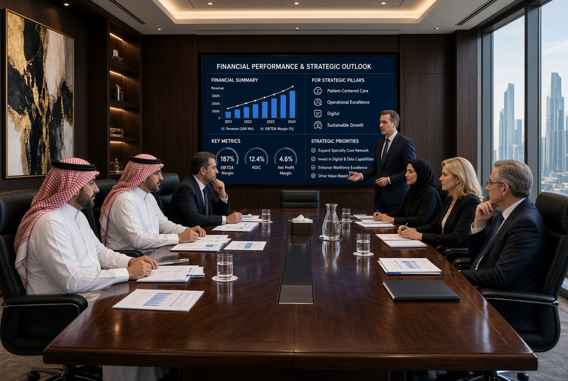 Executives reviewing financial performance and strategic outlook in a boardroom
